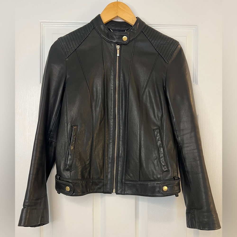 Cole Haan Black Genuine Leather Moto Jacket Quilted Shoulders Size S